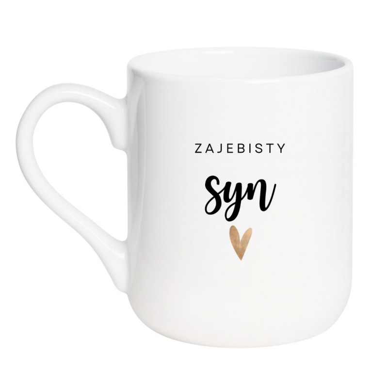 Kubek elegancki biały 330 ml z napisem – stylowy kubek z nadrukiem dla syna, must-have do kawy.