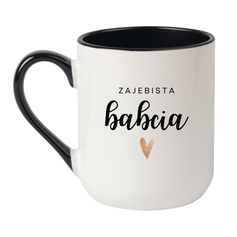 Kubek elegancki biało-czarny 330 ml z napisem – kubek z nadrukiem dla babci, idealny do biura.
