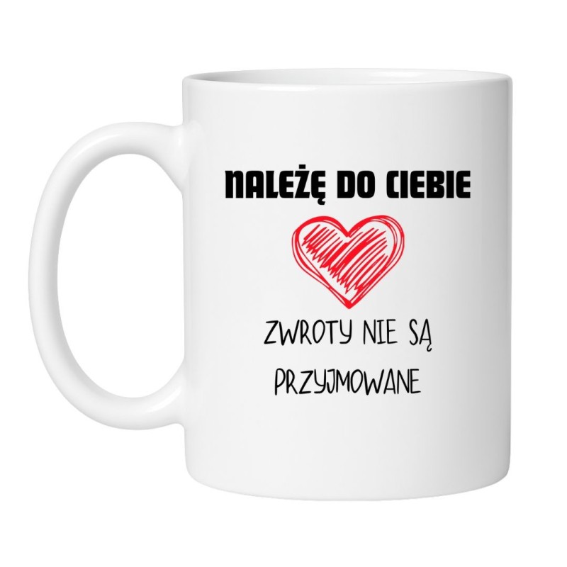 Śmieszny kubek biały 330 ml z nadrukiem serca – zabawny gadżet dla par, must-have do wspólnych poranków.