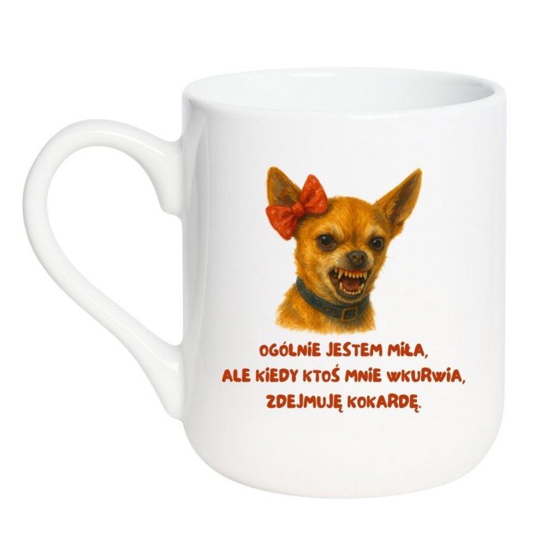 Kubek elegancki biały 330 ml z nadrukiem bez cenzury – oryginalny kubek z motywem psa, must-have do biura.