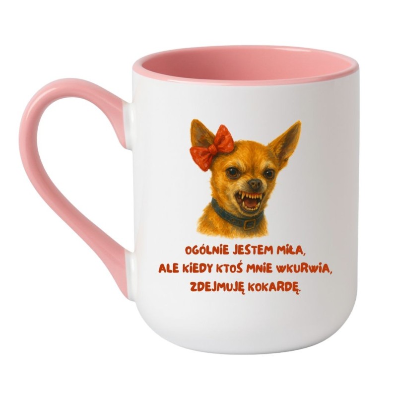 Kubek elegancki biało-różowy 330 ml z nadrukiem psa – zabawny kubek z napisem bez cenzury, sprawdź bestseller.