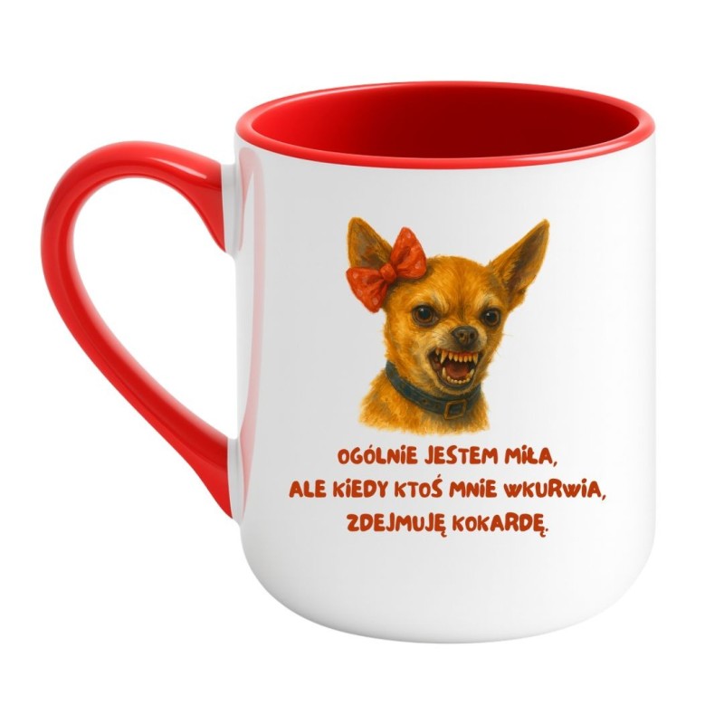 Kubek elegancki biało-czerwony 330 ml z nadrukiem psa – humorystyczny kubek dla kobiet, idealny do biura.