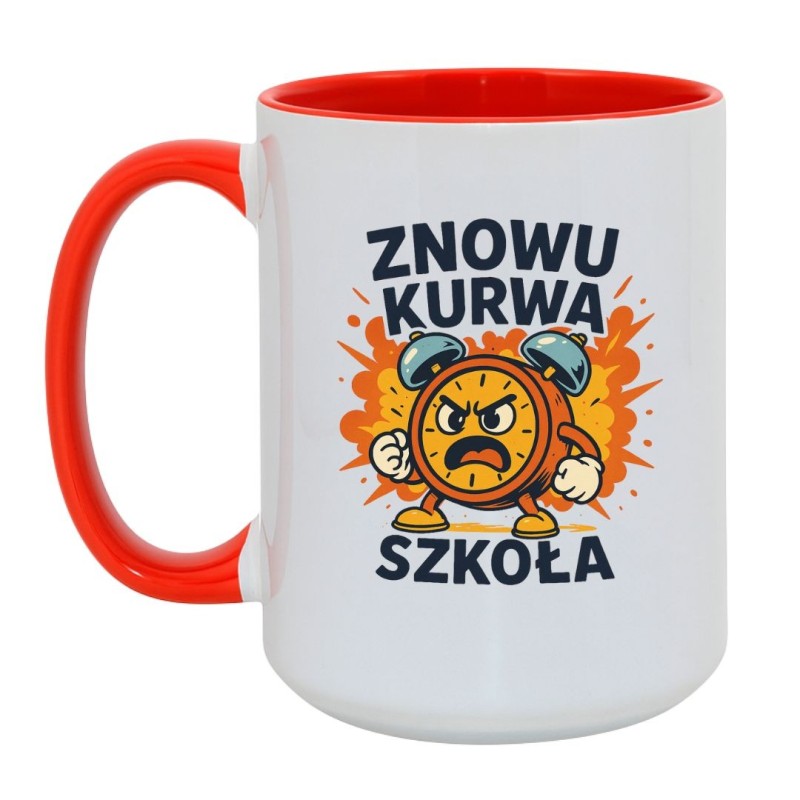 Kubek duży biało-czerwony 450 ml z nadrukiem bez cenzury – śmieszny kubek z napisem, must-have do porannej kawy.