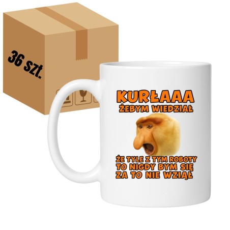 Kubek biały 330 ml z nadrukiem bez cenzury – zestaw 36 sztuk HURT, śmieszne kubki z grafiką nosacza.