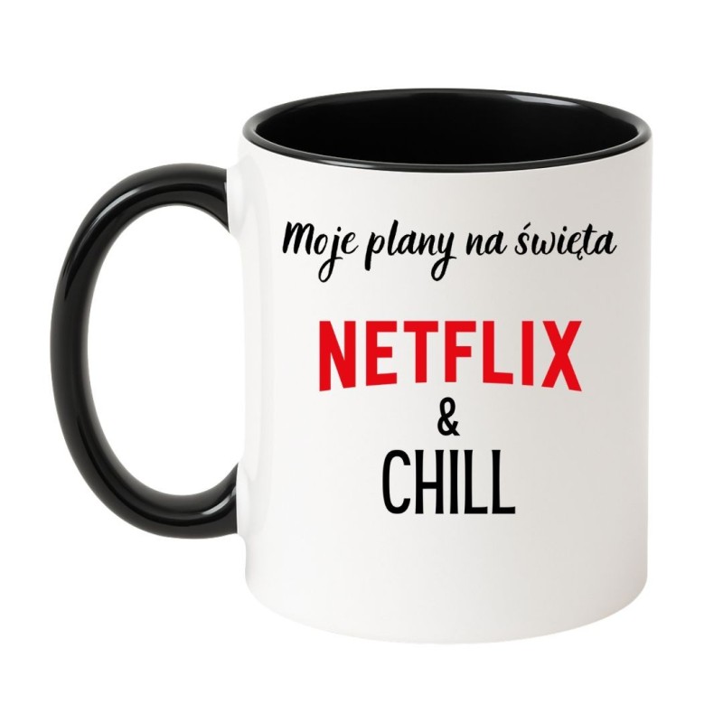Kubek biało-czarny 330 ml z nadrukiem – kubek z napisem Netflix & Chill, gadżet dla fanów filmów.