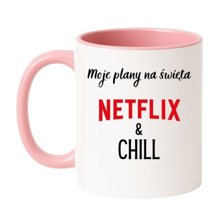 Kubek biało-różowy 330 ml z nadrukiem – zabawny kubek z motywem Netflixa, świetny prezent świąteczny.