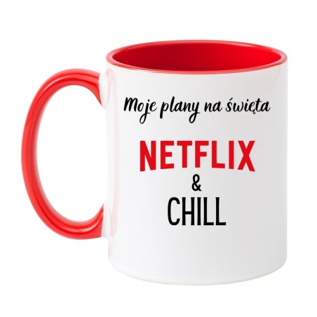 Kubek biało-czerwony 330 ml z nadrukiem – śmieszny kubek Netflix & Chill, idealny do świątecznego chilloutu.