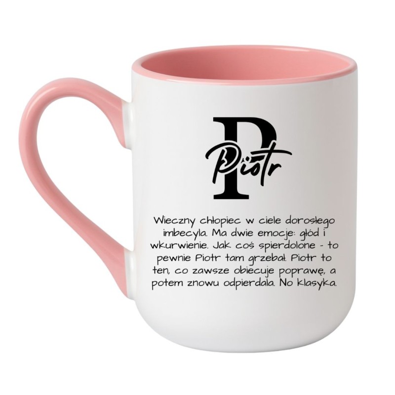 Kubek elegancki biało-różowy 330 ml z nadrukiem – humorystyczny kubek z imieniem Piotr, must-have do kawy.