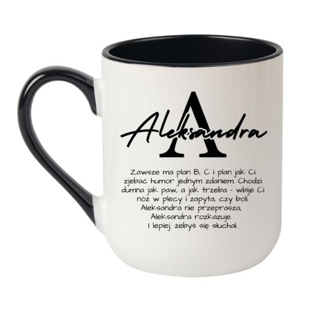 Kubek elegancki biało-czarny 330 ml z nadrukiem – humorystyczny kubek Aleksandra, must-have dla fanek kawy.