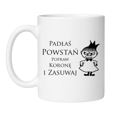 Śmieszny kubek biały 330 ml z nadrukiem – kubek z motywacyjnym cytatem, must-have dla kobiet z dystansem.