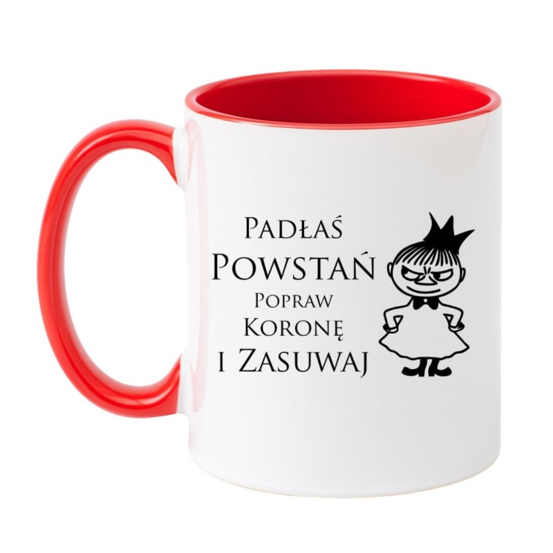 Kubek biało-czerwony 330 ml z nadrukiem – kubek z motywem humorystycznym, świetny dodatek do porannej kawy.