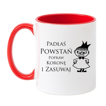 Kubek biało-czerwony 330 ml z nadrukiem – kubek z motywem humorystycznym, świetny dodatek do porannej kawy.