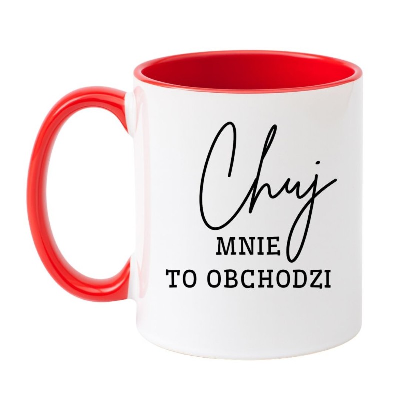 Kubek biało-czerwony 330 ml z wulgarnym napisem – mocny motyw do kawy