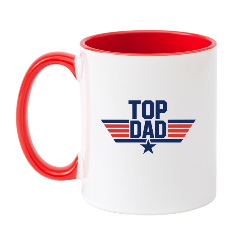 Kubek biało-czerwony 330 ml z nadrukiem Top Dad – śmieszny kubek na prezent