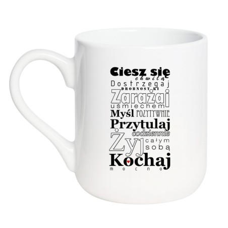 Kubek elegancki biały 330 ml z motywem inspiracyjnym – must-have dla kawoszy